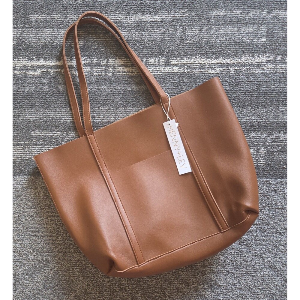 HENNY+LEV Brown Solid Tote Bag, Open Top, Inner Pockets, Stitching, Large